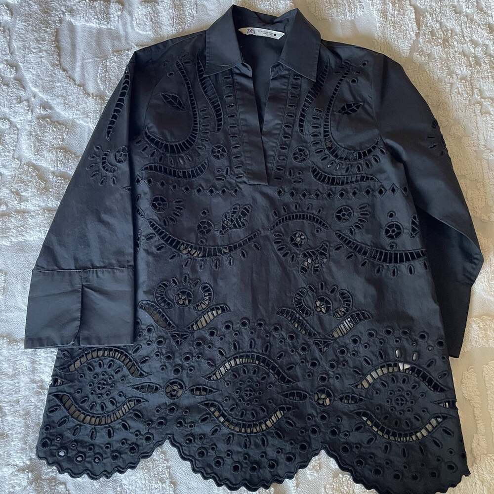 ZARA ZW COLLECT CUTWORK OVERSIZED COTTON BLACK EMBROIDERY SHIRT TUNIC sz XS